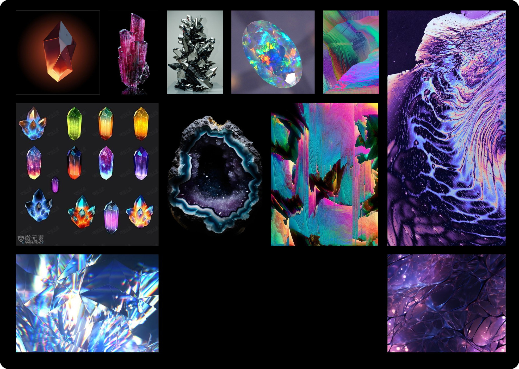 Moodboard for the crystal installation featuring reds, pinks and oranges alongside close-up crystal references