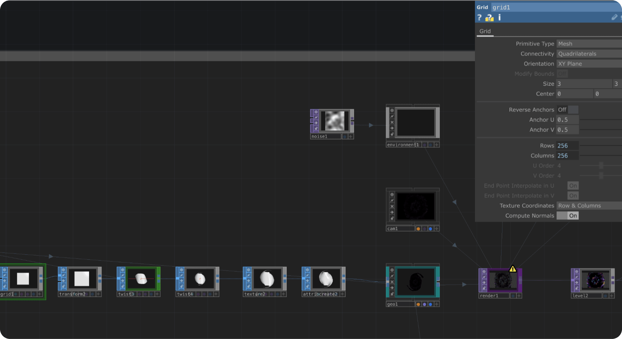 TouchDesigner network of SOP modules used to build the multi-faceted crystal geometry