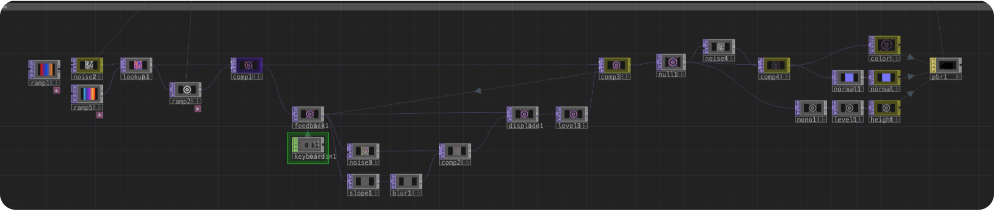 TouchDesigner node network for the crystal texture, with color palette selection at its core