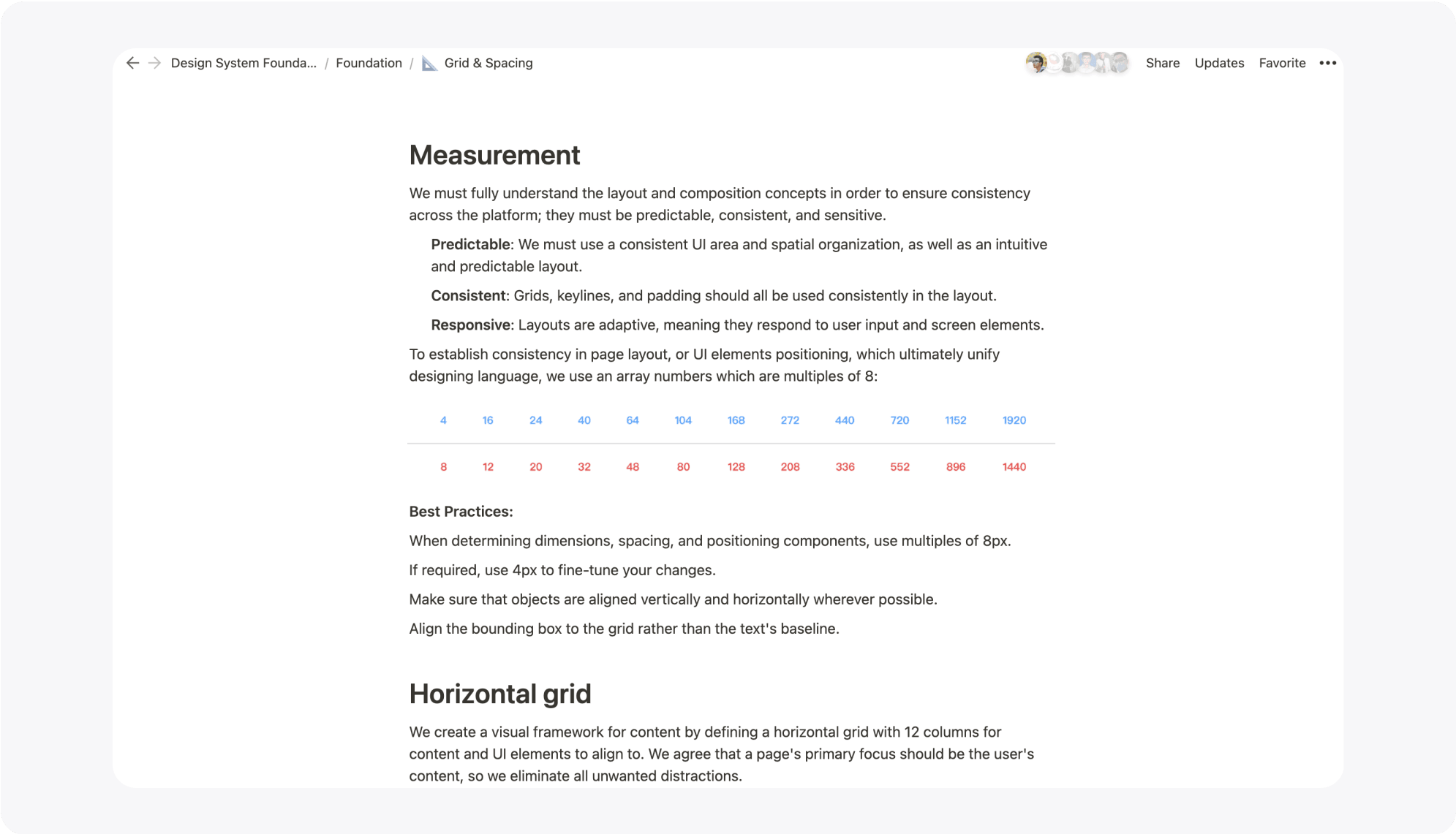 An example of documentation for Grid & Spacing on team's workspace Notion