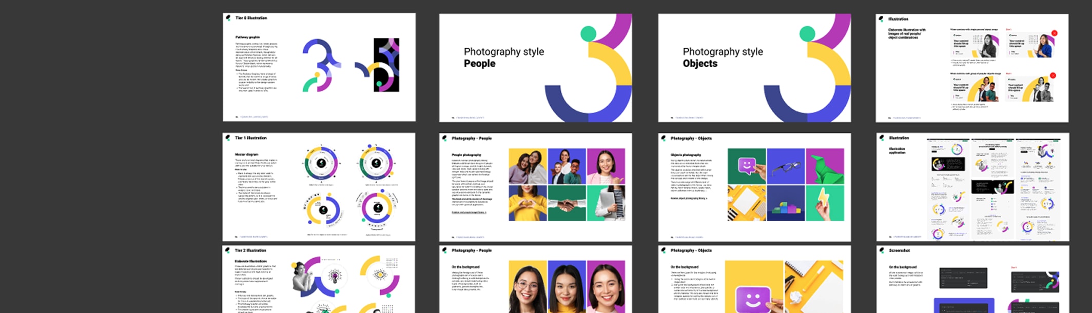 Katalon brand principles visual guide — a grid of illustration tiers, photography styles for People and Objects, and screenshot treatments that define the brand's visual language.