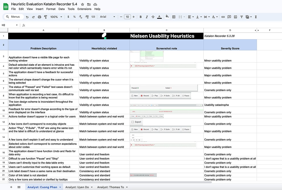 Heuristic evaluation spreadsheet for Katalon Recorder 5.4 — each row lists a problem description, the Nielsen heuristic(s) violated, a screenshot note, and a severity score, with separate tabs for each analyst.