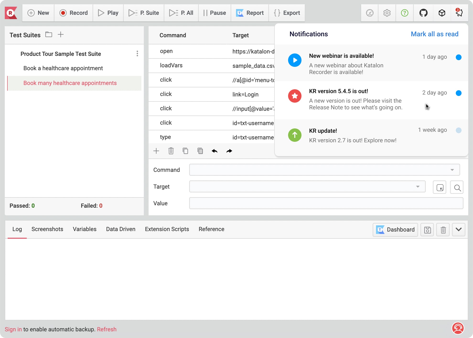 Katalon Recorder 5.4.6 — the legacy interface showing the flat test suite panel, cluttered toolbar, notification panel, and minimal visual hierarchy that made the product hard to differentiate from Selenium IDE.