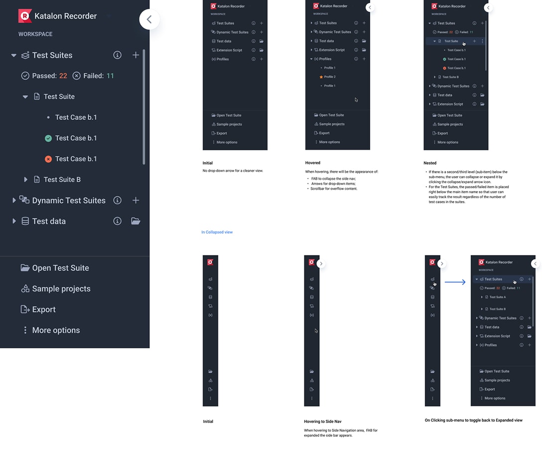 Sidebar navigation states for Katalon Recorder — expanded, hovered, and nested tree views alongside the collapsed rail and its hover/expand behaviour, showing how Test Suites, Test Cases, Test Data, and Profiles are organized.
