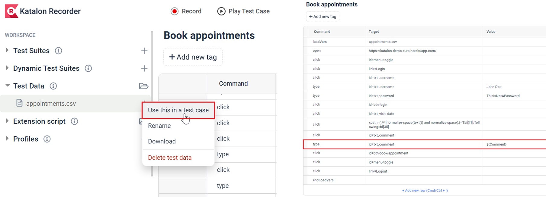 Katalon Recorder's external Test Data file feature — a Test Data node in the workspace sidebar with an appointments.csv file whose 'Use this in a test case' action binds CSV columns to command values via ${Comment}-style variables in the test steps.