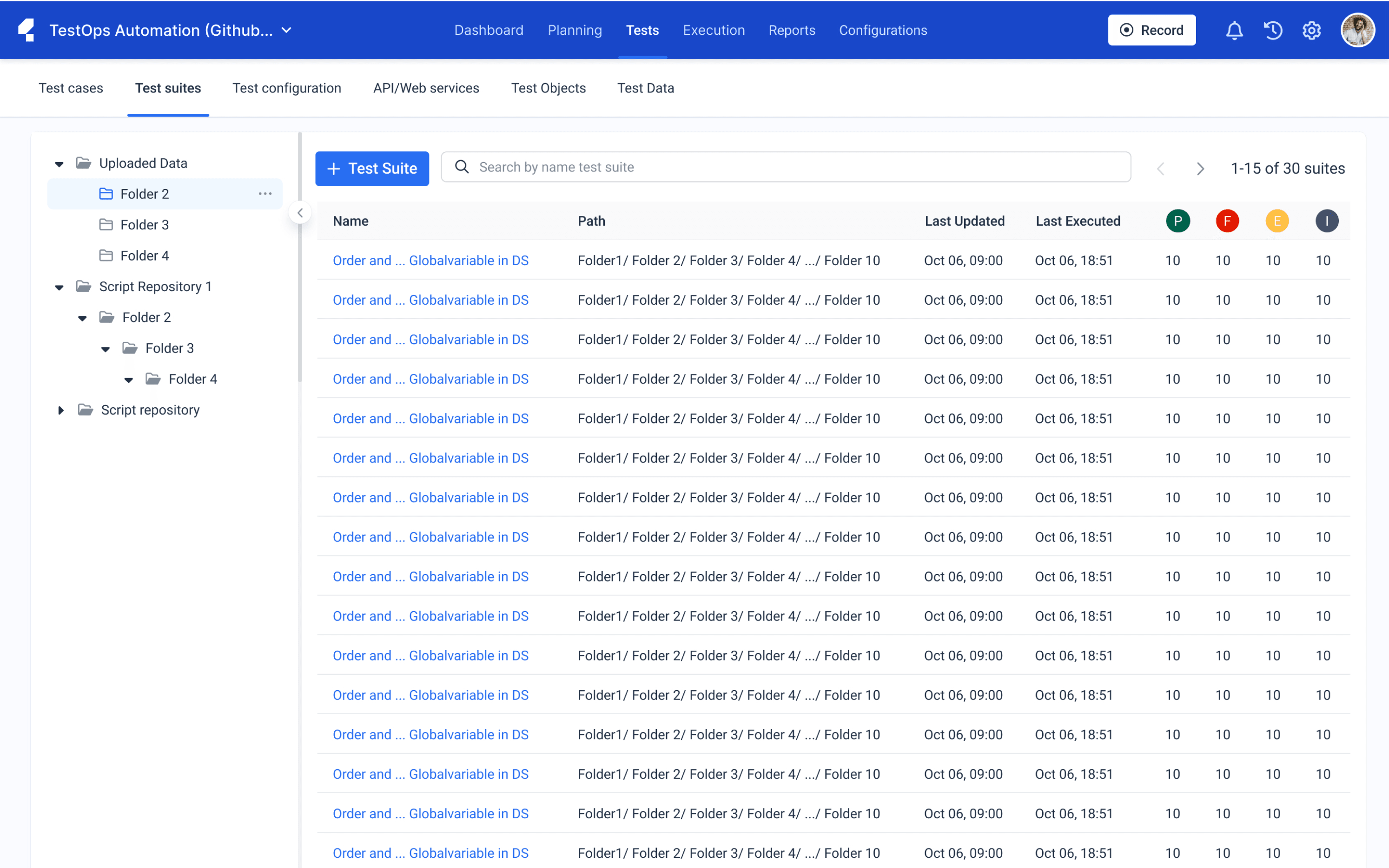 The folder view of test suites along with data table of test cases