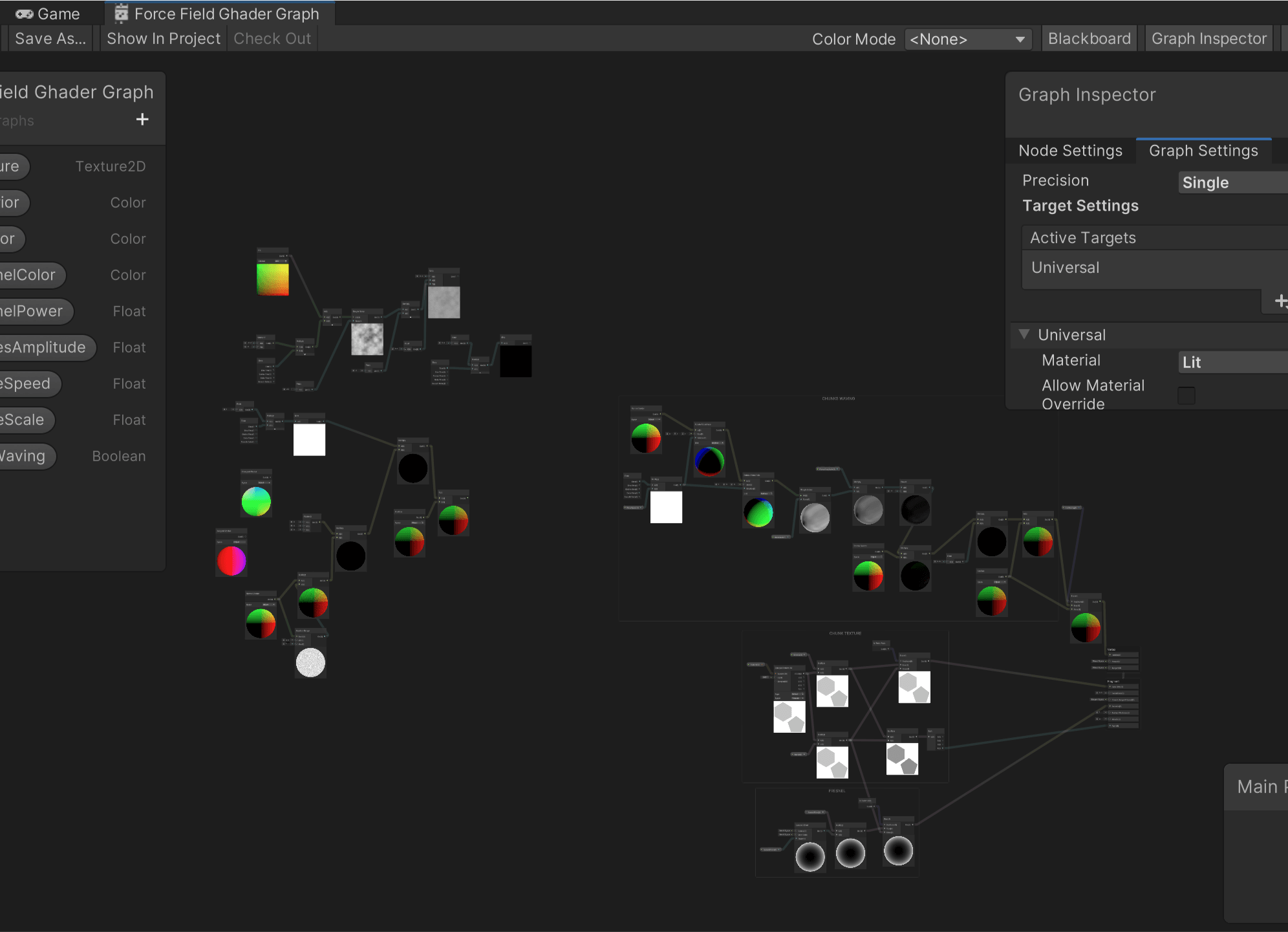 Shader Graph node network for the force field effect built inside Unity