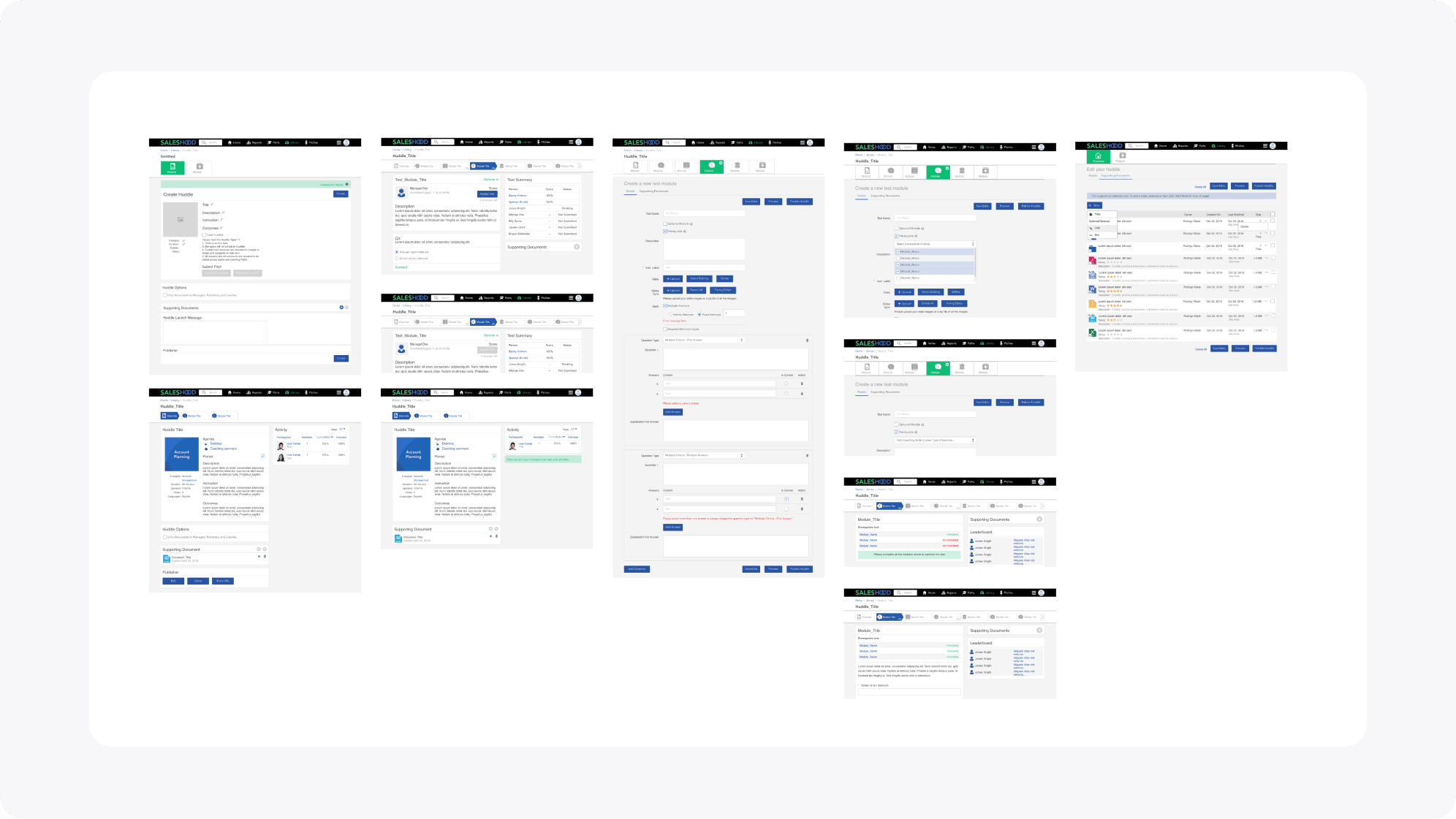 Screenshots of the initial designs of the Huddle core feature before the revamp