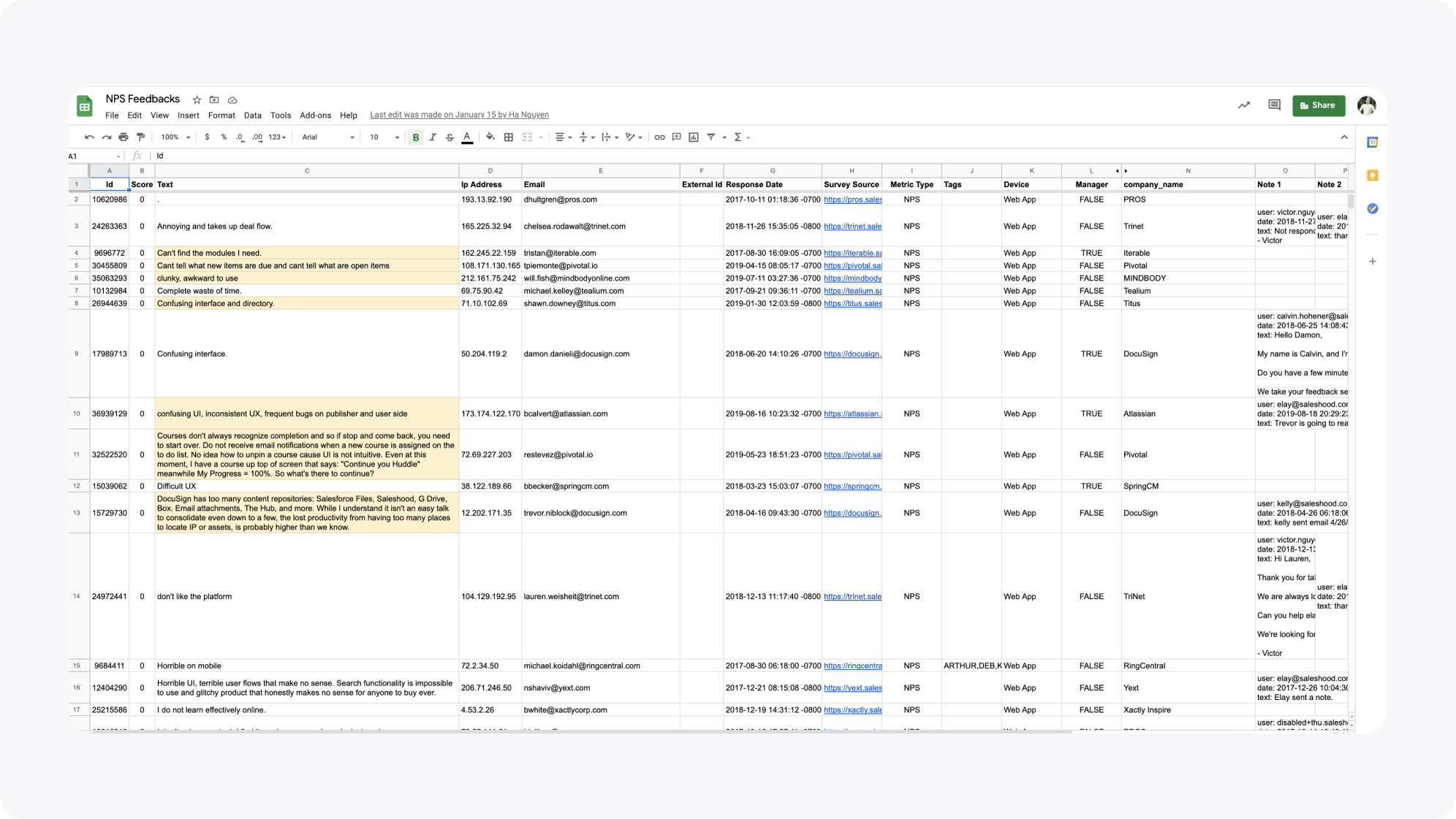 Collection of user complaints gathered through the NPS survey