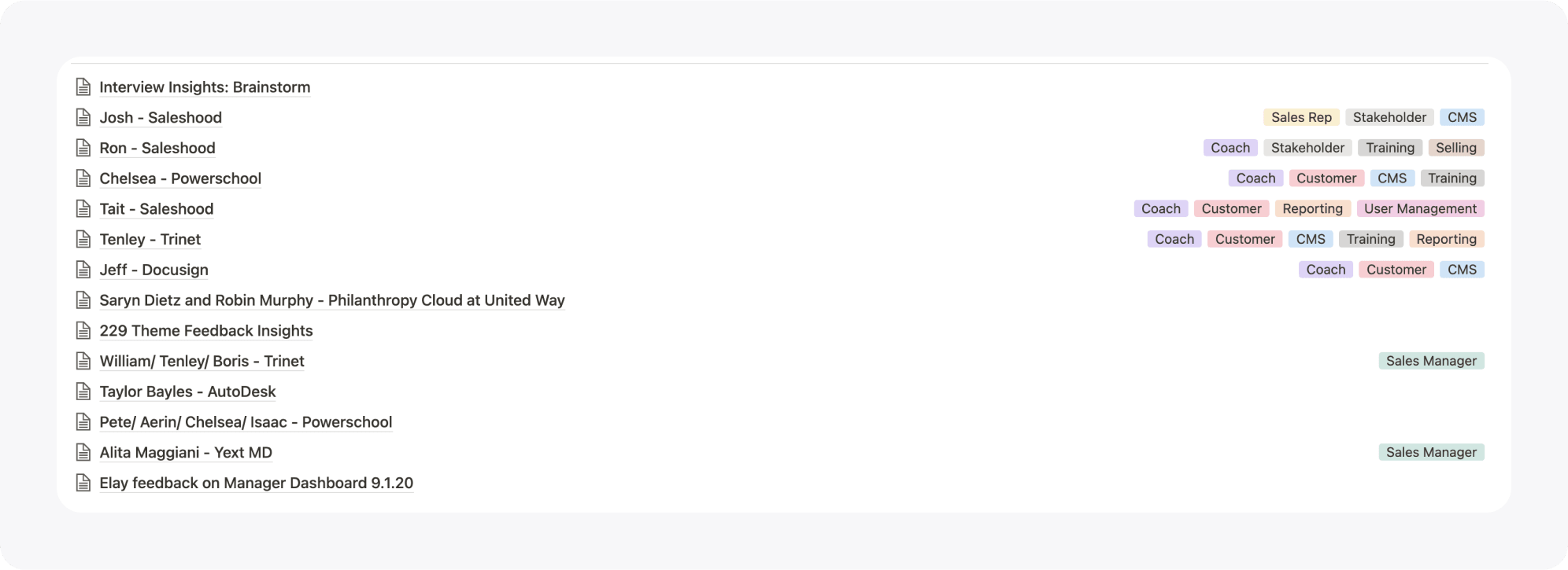 Records of user interviews organized by user segments